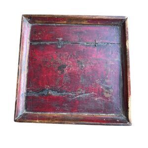 Antique Chinese Wabi-Sabi Dark Red Lacquered Metal Mounted Wood tray set of 2